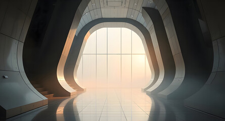 Fototapeta premium A spacious corridor with sleek, curved walls leads to a bright entrance, where sunlight creates a soft glow on the polished floor. The atmosphere is calm and inviting.