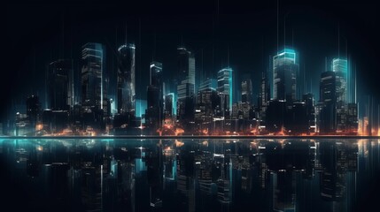 Futuristic city skyline illuminated at night with reflections on water