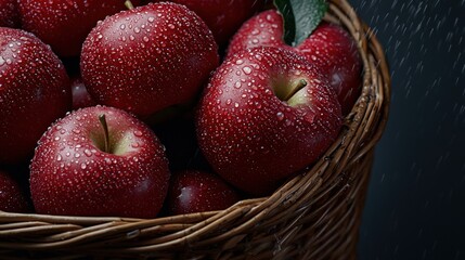 A basket of red apples with raindrops on them