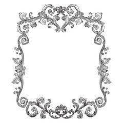 Vintage ornate baroque frame. Hand drawing border scroll floral swirl ornament. Vector illustration. Engraving retro filigree frame design element, antique style. For wedding invitation, greeting card