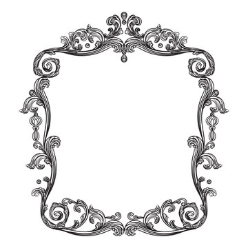 recommend clip art: Vintage ornate baroque frame. Hand drawing border scroll floral swirl ornament. Vector illustration. Engraving retro filigree frame design element, antique style. For wedding invitation, greeting card