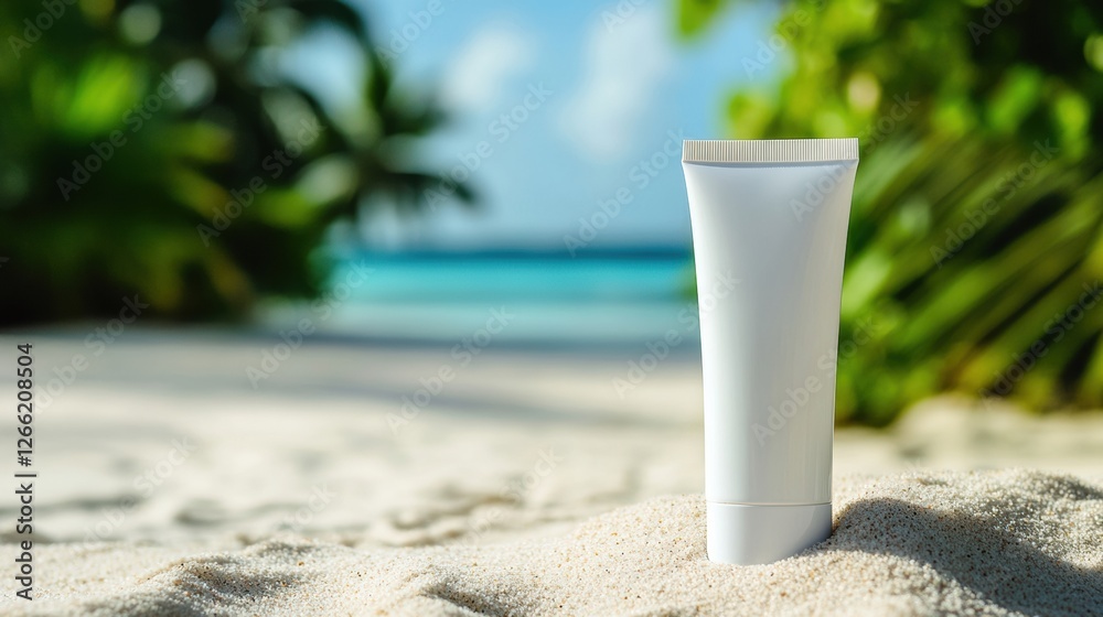 Poster cosmetics cream tube placed on sandy beach with ocean view and tropical foliage in the background du