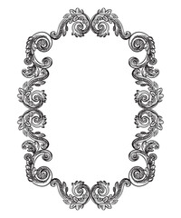 Vintage ornate baroque frame. Hand drawing border scroll floral swirl ornament. Vector illustration. Engraving retro filigree frame design element, antique style. For wedding invitation, greeting card