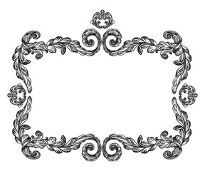 Vintage ornate baroque frame. Hand drawing border scroll floral swirl ornament. Vector illustration. Engraving retro filigree frame design element, antique style. For wedding invitation, greeting card