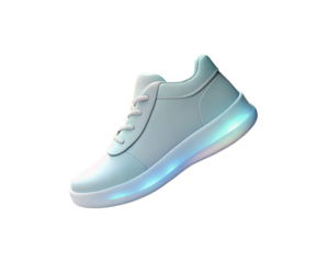 A sleek 3D icon of a modern sneaker with a glowing holographic sole, isolated on white background, ideal for sports, fashion, or technology-themed designs.