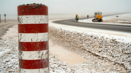 Snowy Road Construction  Red   White Striped Barrier  Workers  Machinery