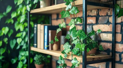 Aesthetic shelf styling with decorative objects, books, and greenery, copy space.