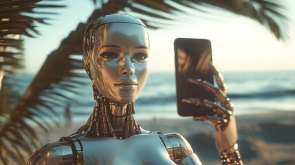Robot enjoying sunset at the beach while taking a selfie with a smartphone