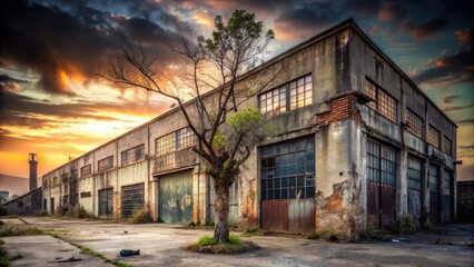 Fototapeta premium Abandoned Factory Building at Sunset with Weathered Walls and a Solitary Tree