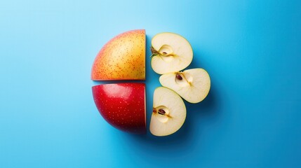 A close up of a red and green apple with the red half cut in half