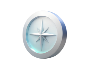 A sleek, modern 3D holographic icon of a compass symbolizing direction and guidance, isolated on white background. Perfect for travel, navigation, adventure, or motivational themes.
