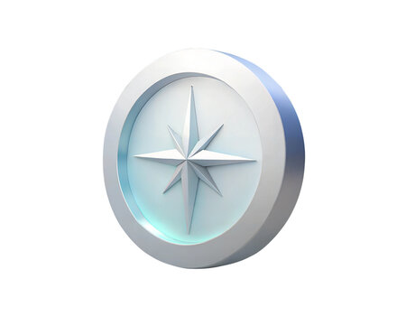 A sleek, modern 3D holographic icon of a compass symbolizing direction and guidance, isolated on white background. Perfect for travel, navigation, adventure, or motivational themes.