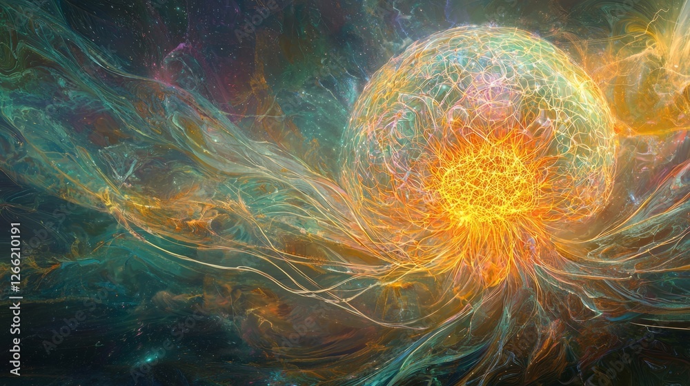 Poster ai neural network visualization, futuristic brain with radiant lines and deep-learning pathways, flo