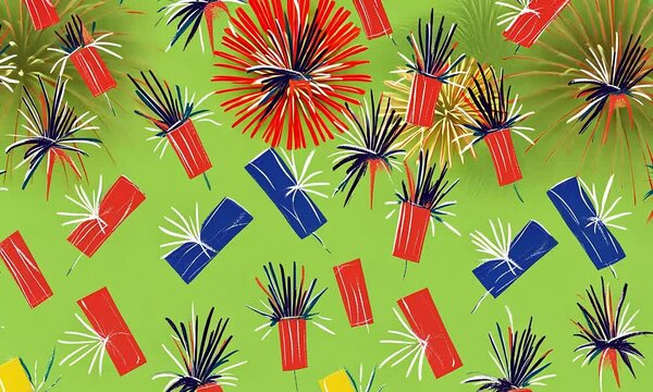 Festive firecracker pattern, green background, celebration design, holiday wrapping paper