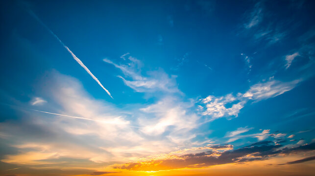Vibrant sunset sky with airplane contrails painting the colorful cloudscape