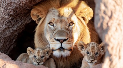 Fototapeta premium Majestic Lion with Cubs in African Savanna Cave