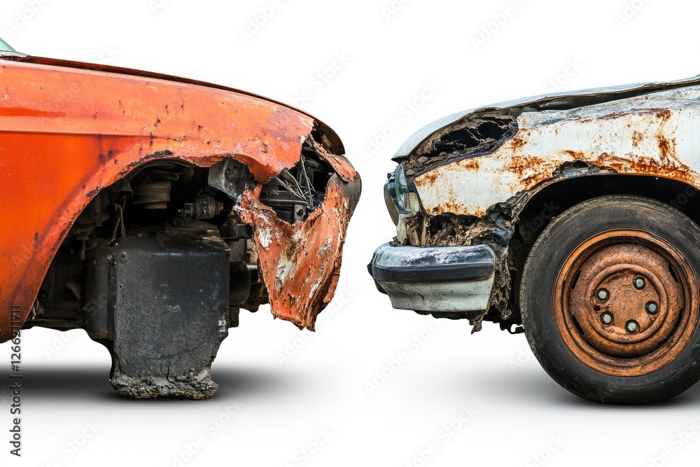 Aufkleber comparison of a dented rusted car and a perfectly repaired vehicle showcasing contrasting conditions