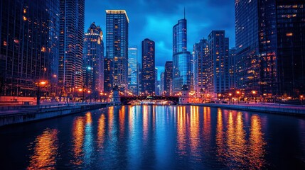 Fototapeta premium Chicago's Enchanting Riverfront at Night: A Captivating Cityscape