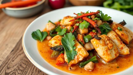 A delicious and fragrant larb catfish dish, spiced with Thai herbs and seasoning, flavor, thai cuisine, dish