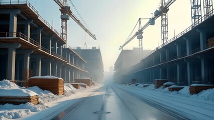 A Hyper Realistic Construction Scene in Winter at Midday with Clean Surroundings and Ground Eye Level Perspective