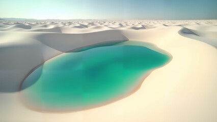 An Aerial Marvel of a Remote Desert Oasis with Turquoise Waters Amongst Expansive Sand Dunes