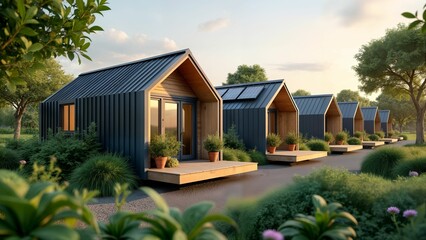 Envision an Inspiring Off-Grid Living Community with Multiple Eco-Friendly Tiny Homes and a Thriving Shared Garden