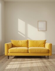 Sunlit Minimalist Interior Featuring a Yellow Sofa and Blank Frame