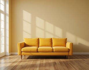 Sunlit haven, A cozy mustard sofa in a minimalist room aesthetic