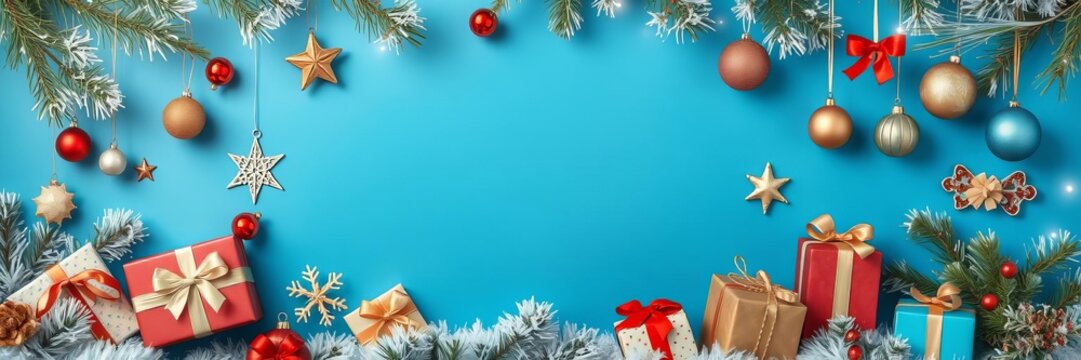Christmas collection of gifts and ornaments on blue background montage, celebration, decorative, blue