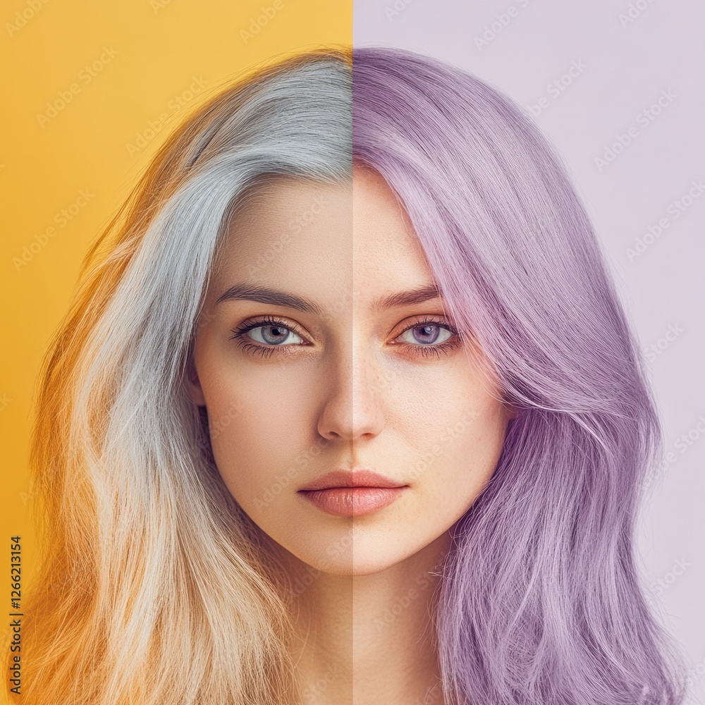 Poster comparison of gray hair and vibrant dyed hair transition over a split background with a model showin
