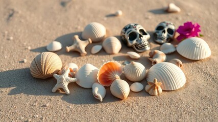 A peaceful arrangement of seashells on a sandy beach suitable for Day of the Dead celebrations and social media graphics, beach, peaceful, seashells