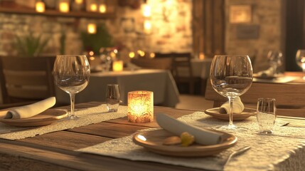 Fototapeta premium Elegant dining setup with wine glasses and candlelight in a cozy restaurant setting