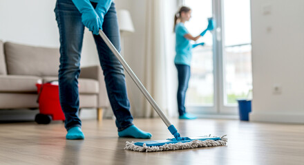 Mop Cleaning Floor by Professional Cleaner. House cleaning service with mop and cleaning equipment in modern apartment. Cleaning lady washes windows in the background