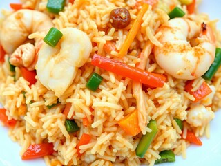 Close up of delicious Thai combination fried rice with colorful vegetables, shrimp, chicken, and egg, Asian, flavorful, fried rice
