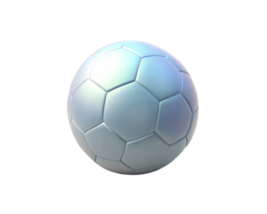 A futuristic, holographic 3D icon of a soccer ball, featuring smooth, reflective surfaces and a hexagonal pattern, isolated on white background. Perfect for sports, soccer, and technology themes