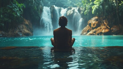 Fototapeta premium Woman meditates by jungle waterfall (1)