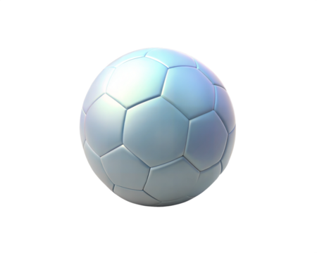 A futuristic, holographic 3D icon of a soccer ball, featuring smooth, reflective surfaces and a hexagonal pattern, isolated on white background. Perfect for sports, soccer, and technology themes