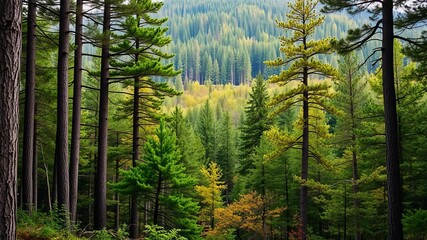 Naklejka premium Tall healthy green trees stand amidst a forest of ancient spruce fir and pine, wood, landscape, vibrant