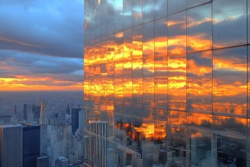 Fototapeta premium Fiery Sunset Reflected in Manhattan Skyscraper