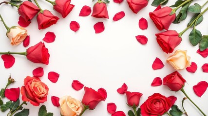 Beautiful composition of rose petals on a white background for Valentine's Day and Mother's Day concept, flat lay with copy space, flat lay, composition, roses