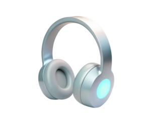 A stylish and modern 3D holographic icon of headphones, with sleek metallic finish and glowing accents, isolated on white background. Perfect for music, tech, and digital lifestyle representations.