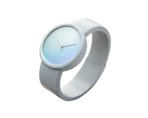 A sleek, futuristic 3D holographic icon of a modern wristwatch with a smooth design and subtle pastel colors, isolated on white background, symbolizing time and innovation.