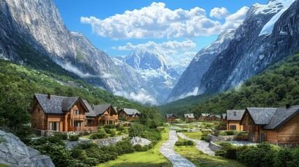 Serene Mountain Landscape with Wooden Cabins Nestled in Lush Valley Surrounded by Majestic Peaks and Clear Blue Skies