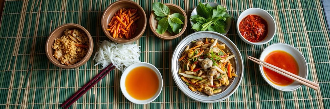 Traditional khantoke dinner set with a variety of Thai dishes on a bamboo mat, utensils, traditional, cuisine