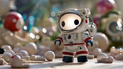 Naklejka premium Cute Astronaut Toy in Futuristic Glowing Landscape