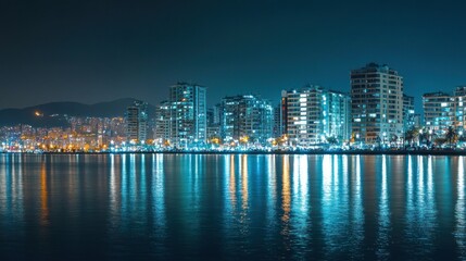 Obraz premium Night Lights Cityscape: Coastal Buildings Reflecting on Serene Waters