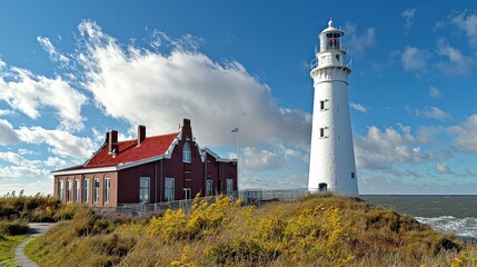 Coastal lighthouse and keeper's house on a sunny day