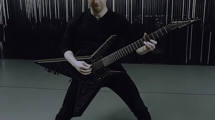 Musician playing guitar, studio, dark background, music promo