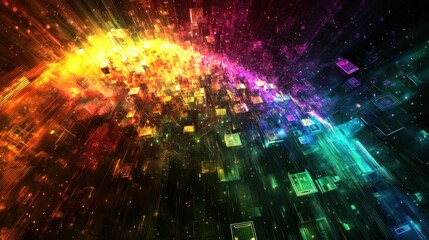 Obraz premium Abstract Digital Rainbow Explosion: A Kaleidoscope of vibrant colors and data streams