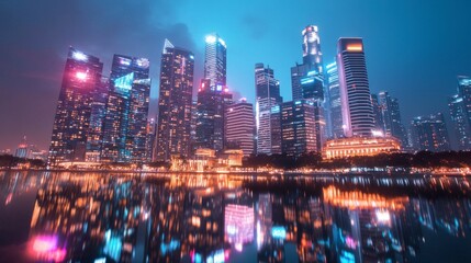 Naklejka premium Night Cityscape Skyscrapers Reflections Urban Lights Modern Architecture